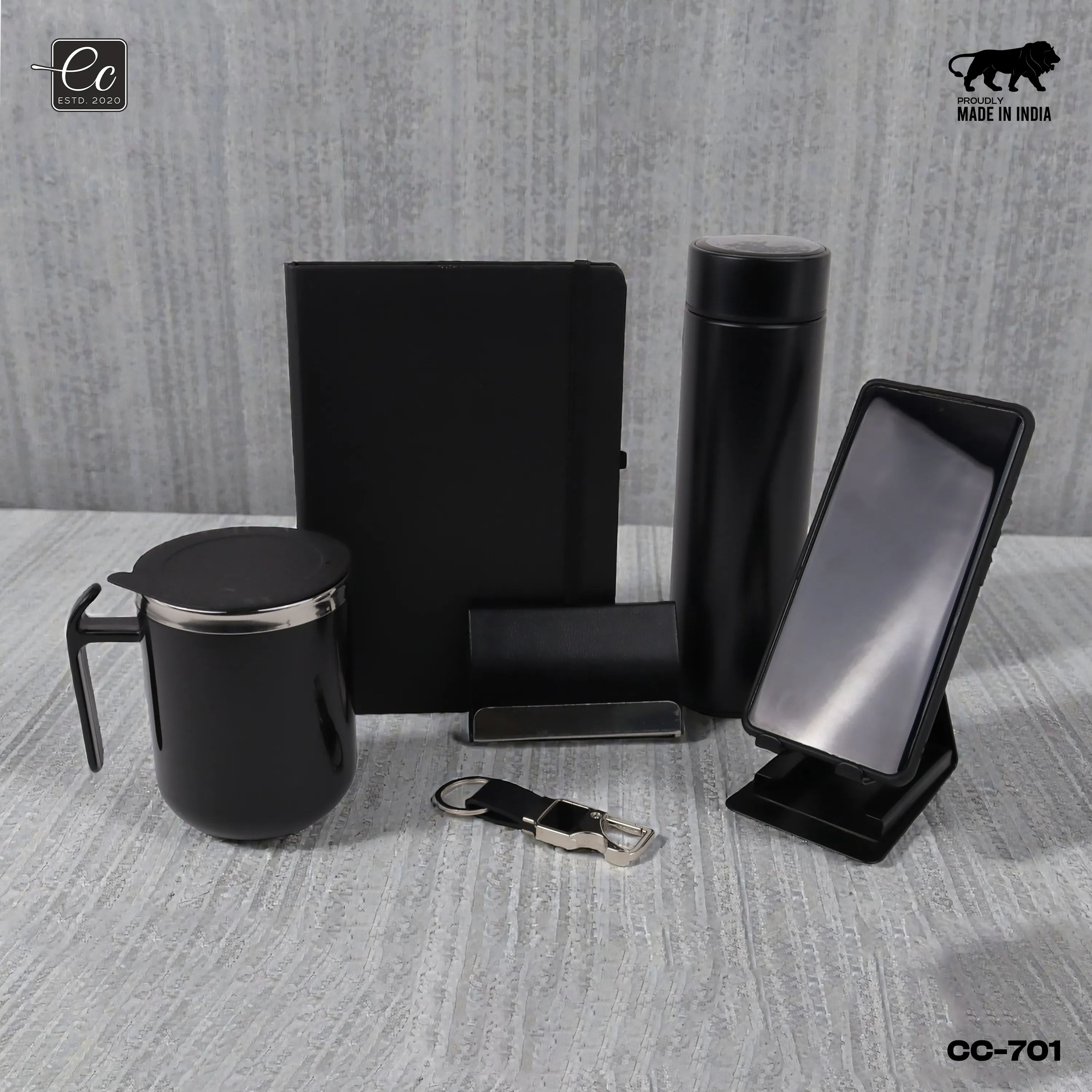 7 in 1 Corporate Gift Set includes Personalized Diary, Card Holder, Keychain, Pen, Mobile Stand, Stainless Steel Mug and Temperature Bottle